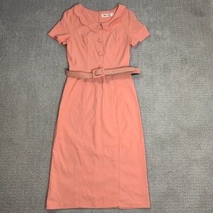 Coral Short Sleeve Belted Sheath Pencil Dress Women Fits XS Scallop Collar